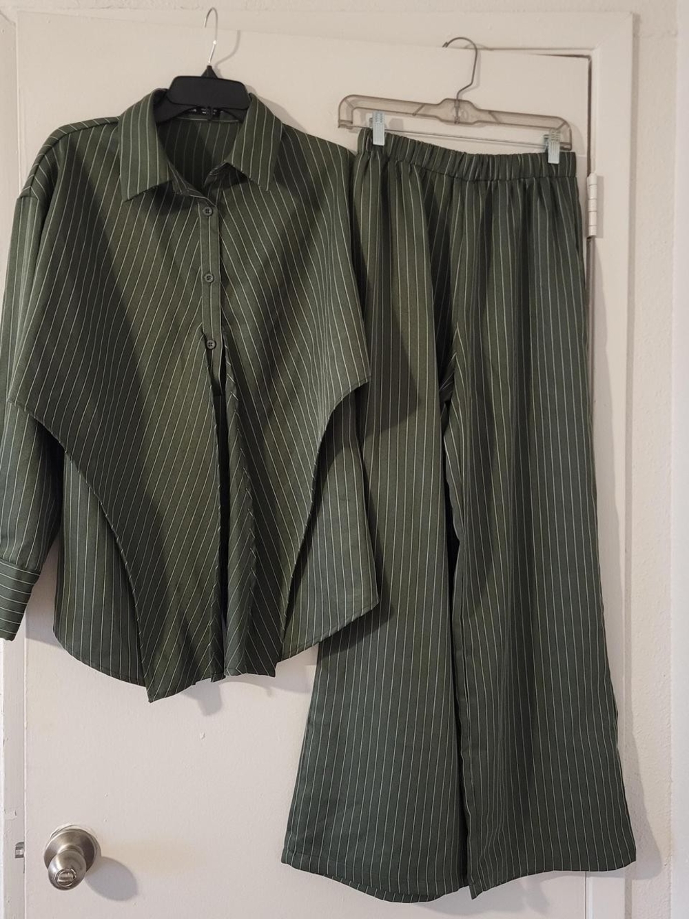 Olive Green Pinstripe Button-Up Shirt & Wide Leg Pants Set